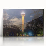 Mid-century modernist art featuring San Antonio skyline in muted gray tones, framed in silver acrylic.