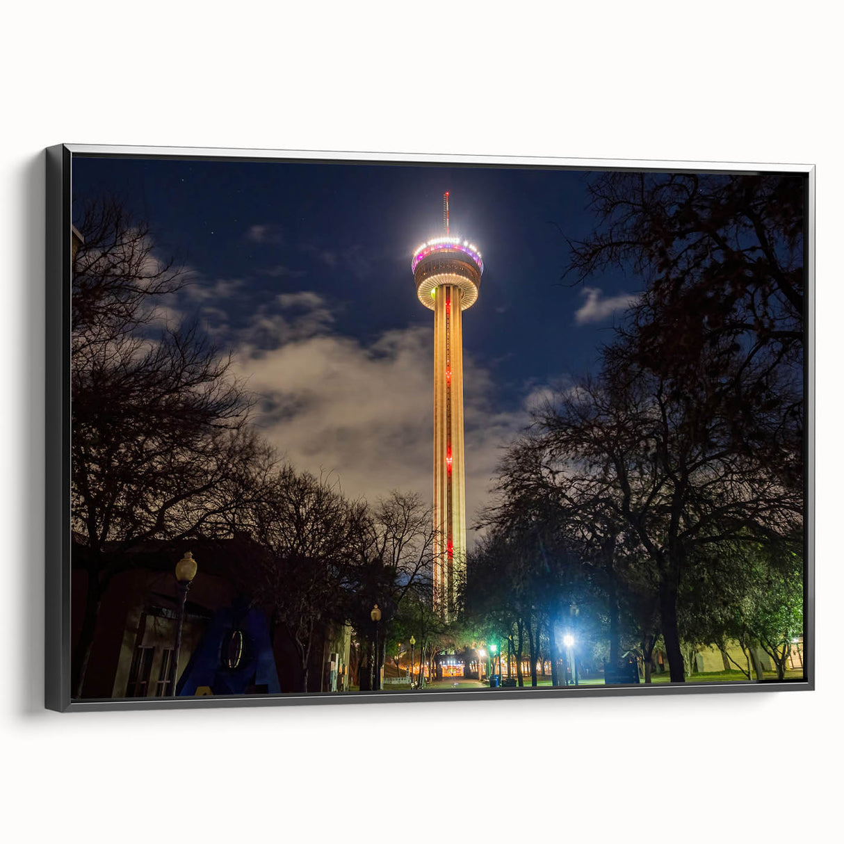 Black and white framed canvas of San Antonio landscape, ideal for bedroom wall decor.