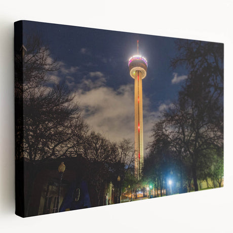 San Antonio cityscape on large stretched canvas, featuring earthy and blue tones, suitable for kitchen wall art.