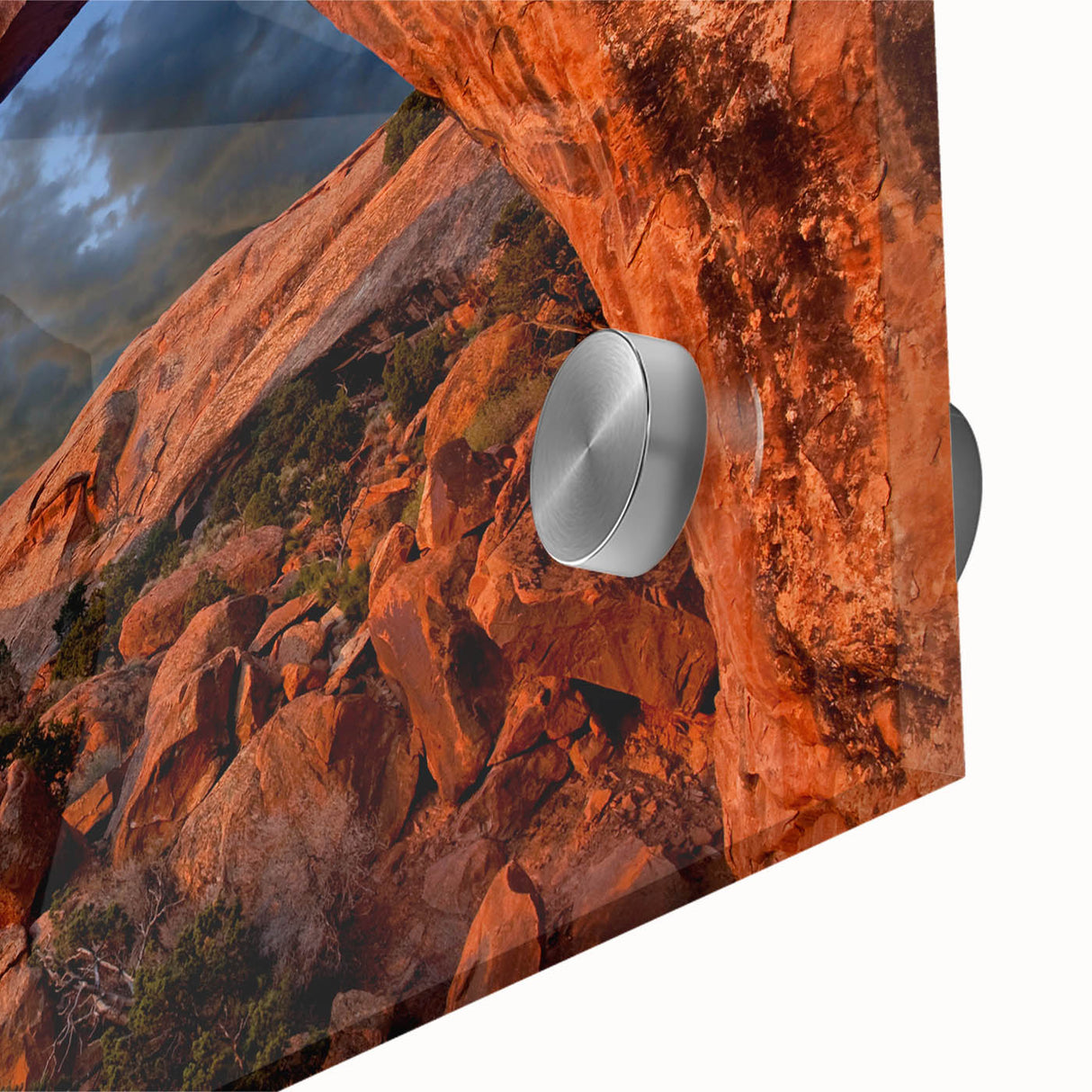 Large abstract wall art of Arches National Park in pastel shades on acrylic glass, ideal for dining room ambiance.