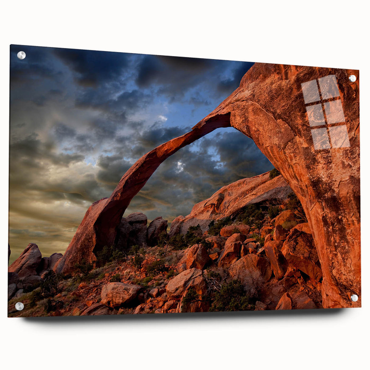 Acrylic print of Arches National Park in Utah, showcasing the natural red rock formations under a clear blue sky.