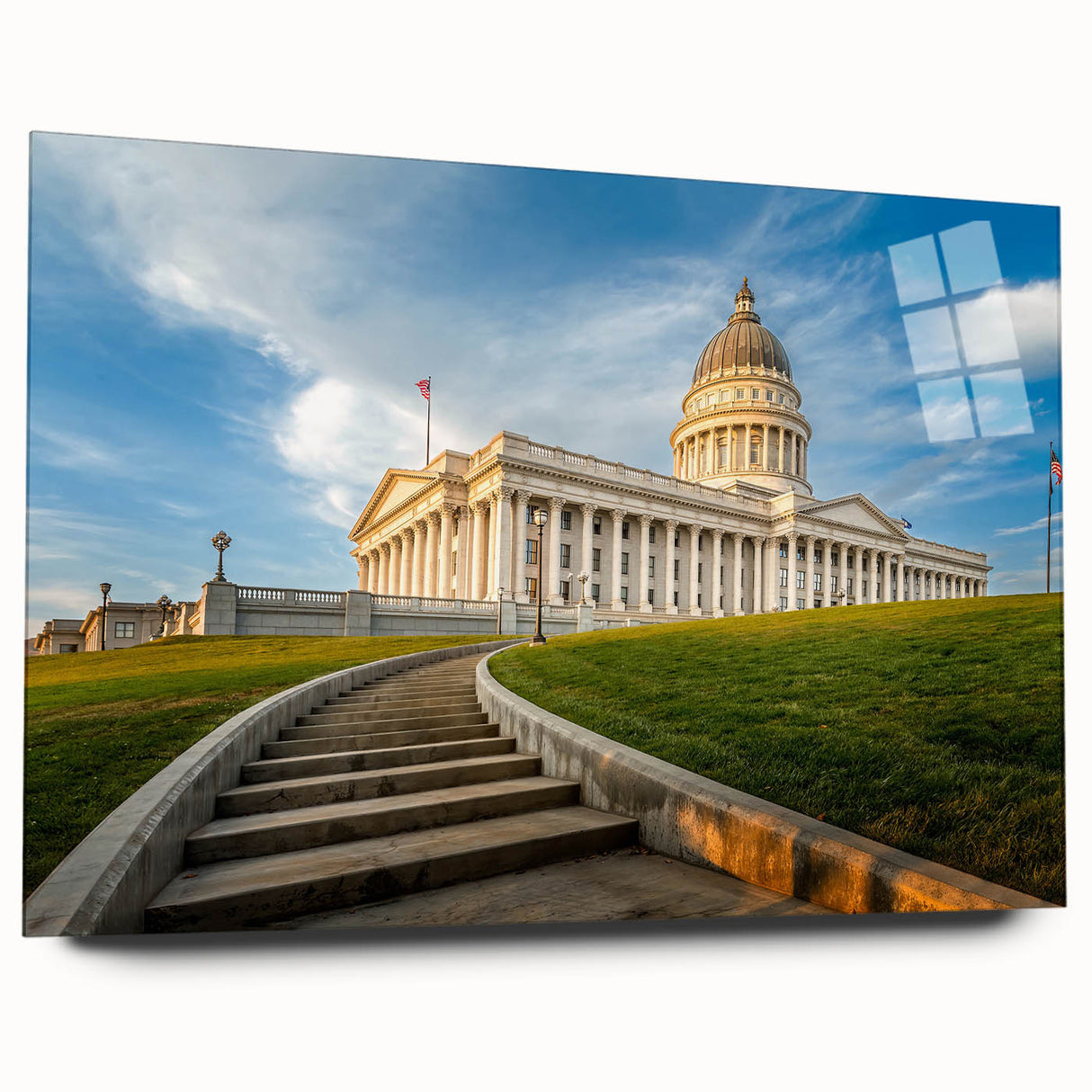 Large abstract wall art of Salt Lake City in muted blue and gray tones on acrylic glass.