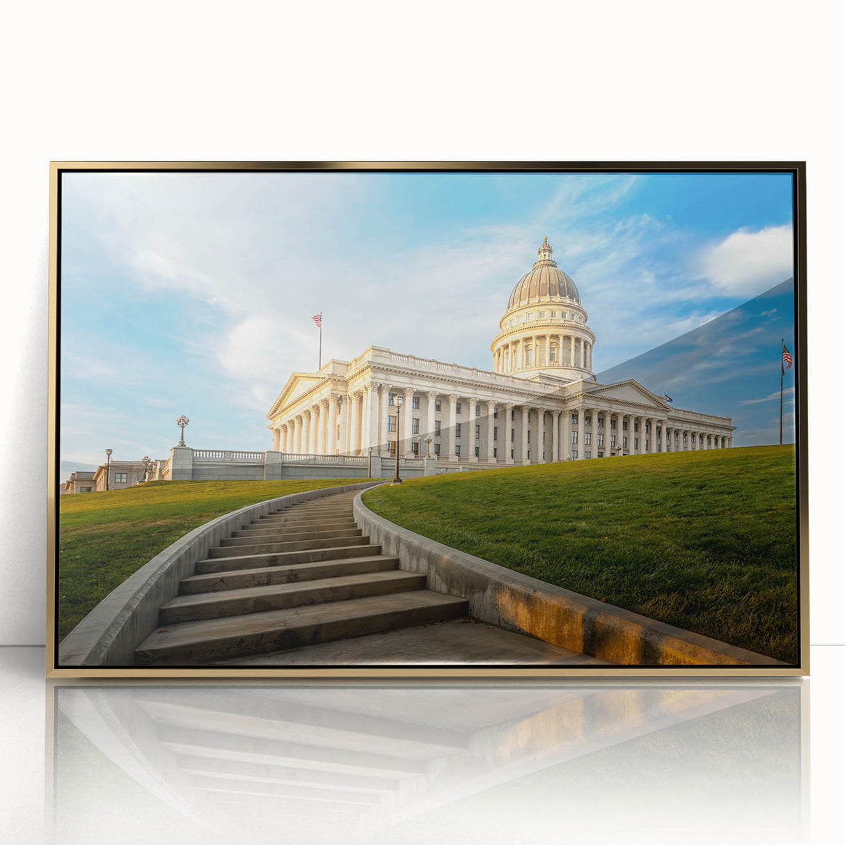 Framed acrylic print of Salt Lake City with gold and blue tones in a mid-century modernist style.