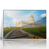 Acrylic print of Salt Lake City with soft pastel shades, framed in white, suitable for modern nursery decor.