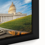Extra large framed canvas featuring a textured depiction of Salt Lake City in black with colorful art accents.