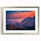 Textured art print of abstract Zion scenery in muted earth tones on a silver-framed mat, ideal for bedroom wall decor.