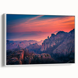 Vintage poster art of Zion National Park on a framed canvas, featuring vibrant colors and black border.