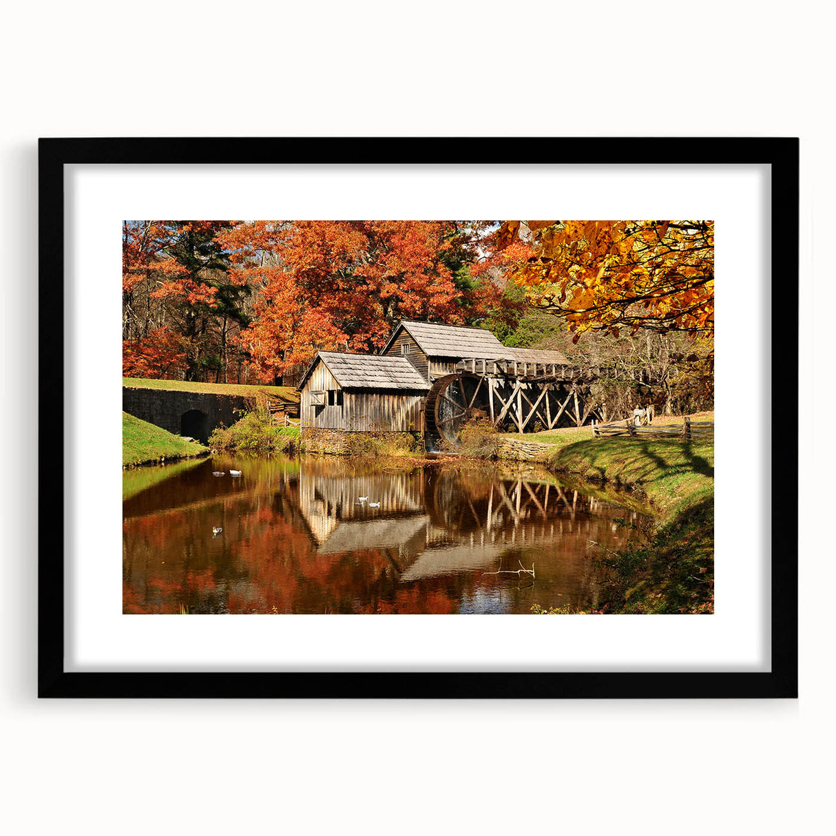 Extra large abstract art print featuring colorful, textured scenery of Virginia, in a black frame with mat.