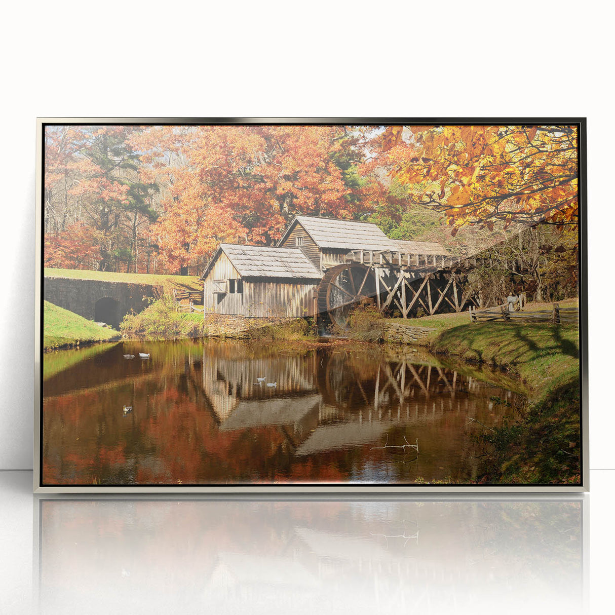 Mid-century modernist art depicting a serene Virginia landscape in muted earth tones, framed in silver acrylic.