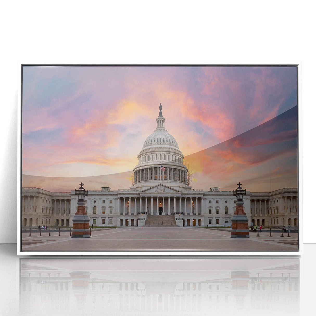 Acrylic print of Washington D.C. Capitol in art deco style with a white frame, suitable for modern art wall decor.