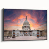 Black and white framed canvas of the Washington DC Capitol, ideal for bedroom wall art in a vintage poster style.