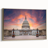 Framed canvas of Washington DC Capitol with a vintage poster style in muted gold and black tones, ideal for bedroom wall art.