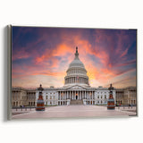 Framed canvas featuring a vintage-style landscape painting of the Washington DC Capitol in muted colors.
