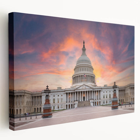 Washington DC Capitol depicted in muted earth tones on a large stretched canvas, ideal for kitchen wall art.