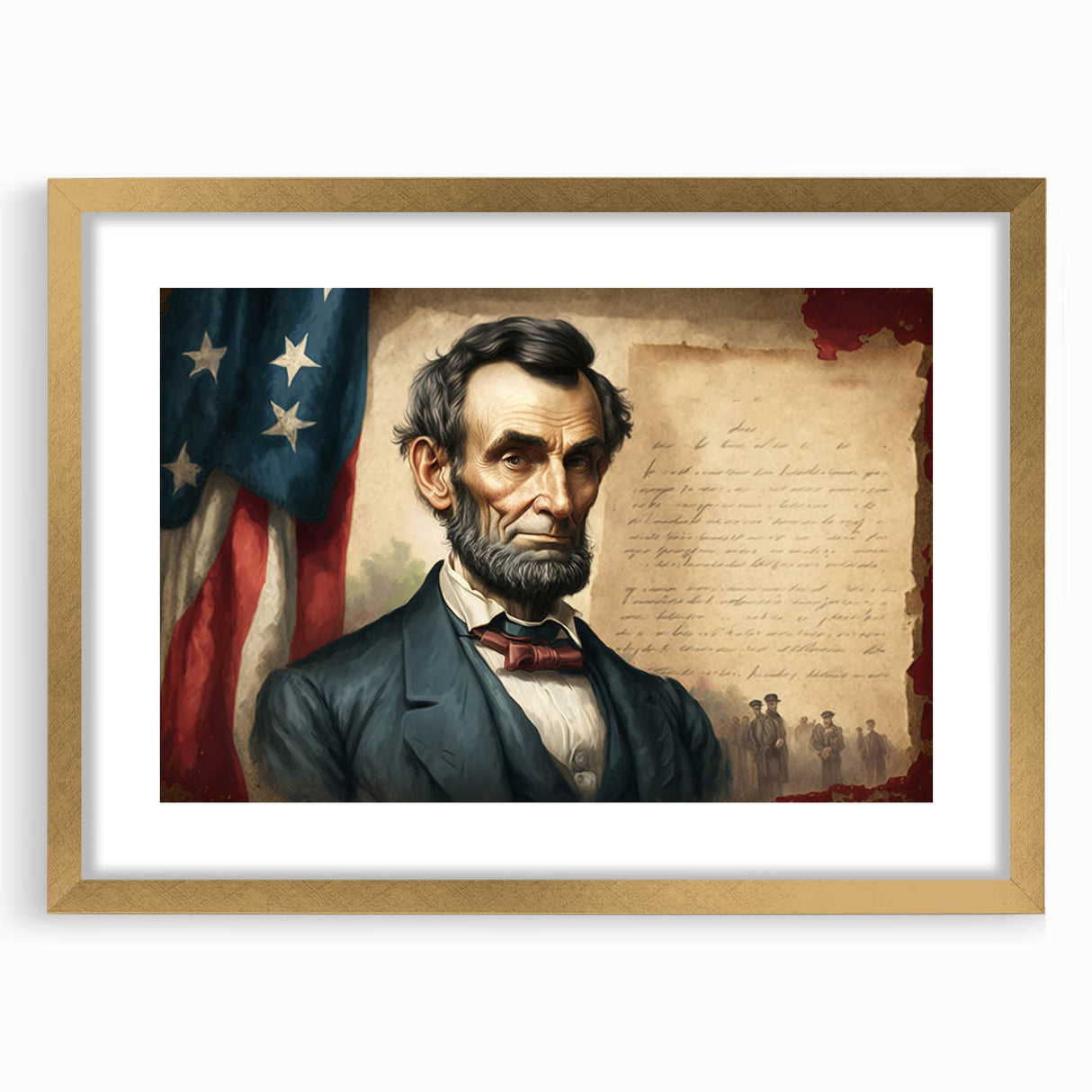 Extra large abstract print of Washington DC's Lincoln Memorial in textured gold frame, ideal for living room decor.