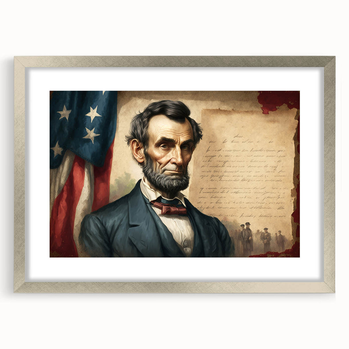 Textured art print of an abstract depiction of the Lincoln Memorial in muted gray tones, framed in silver.