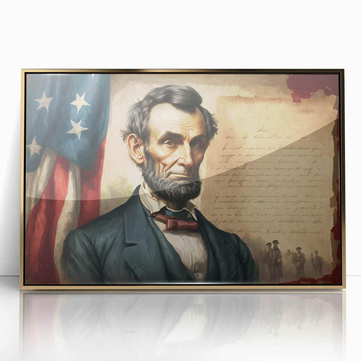 Large abstract wall art depicting the Lincoln Memorial in muted gold and gray tones on a framed acrylic.