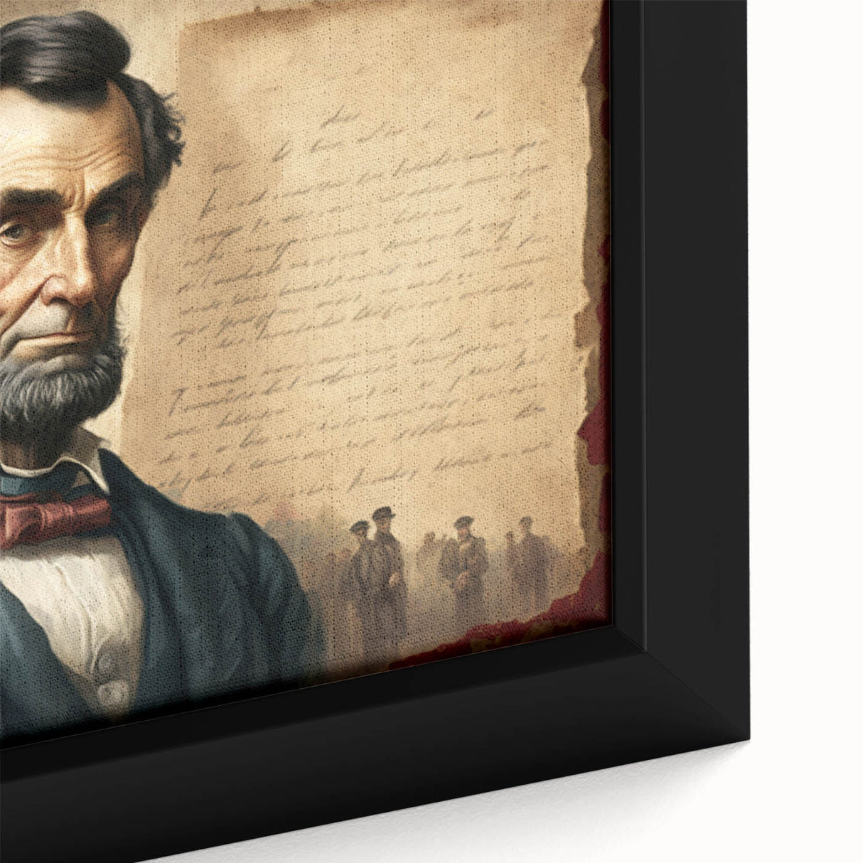 Close-up of a black framed canvas depicting the Lincoln Memorial in textured, colorful art, ideal for living room decor.