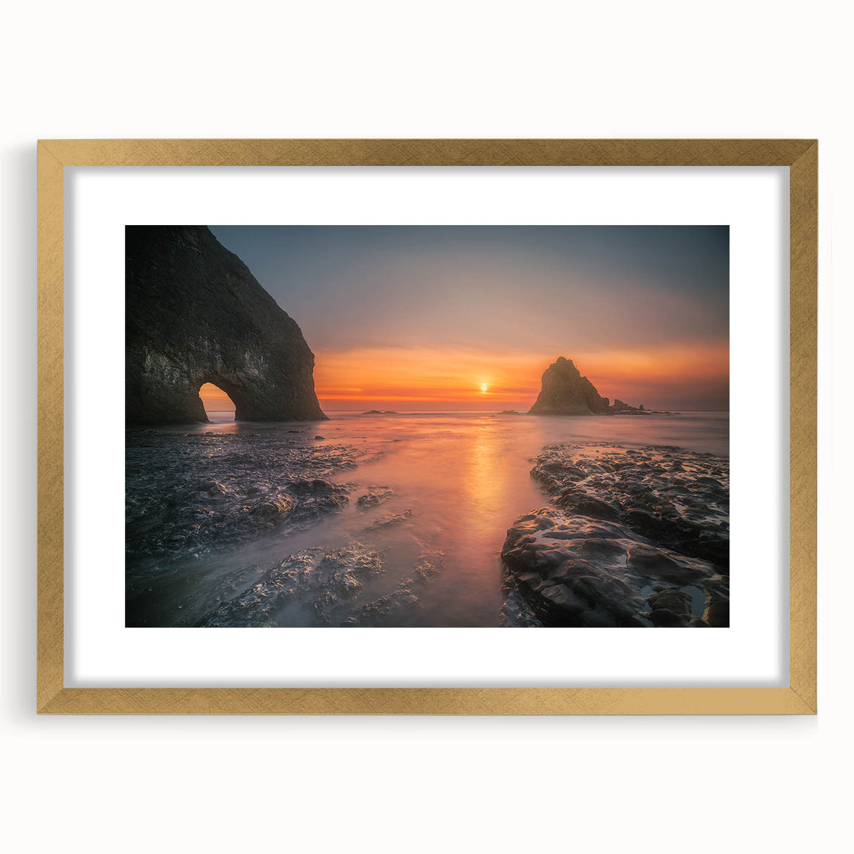 Extra large abstract art print of Olympic scenery in muted earth tones on a textured canvas, framed in gold.