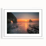 Abstract art print of Olympic National Park in muted green and blue shades, framed with a white mat.