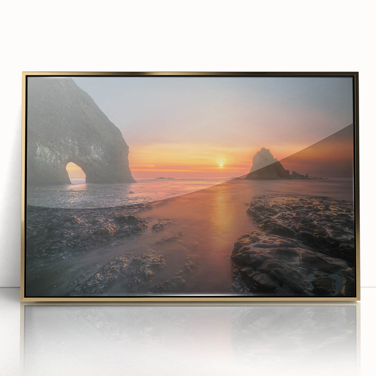 Framed acrylic print of Olympic National Park with lush greenery and mountain backdrop, in a mid-century modernist style.