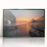 Framed acrylic print of Olympic National Park with lush greenery and mountain backdrop, in a mid-century modernist style.