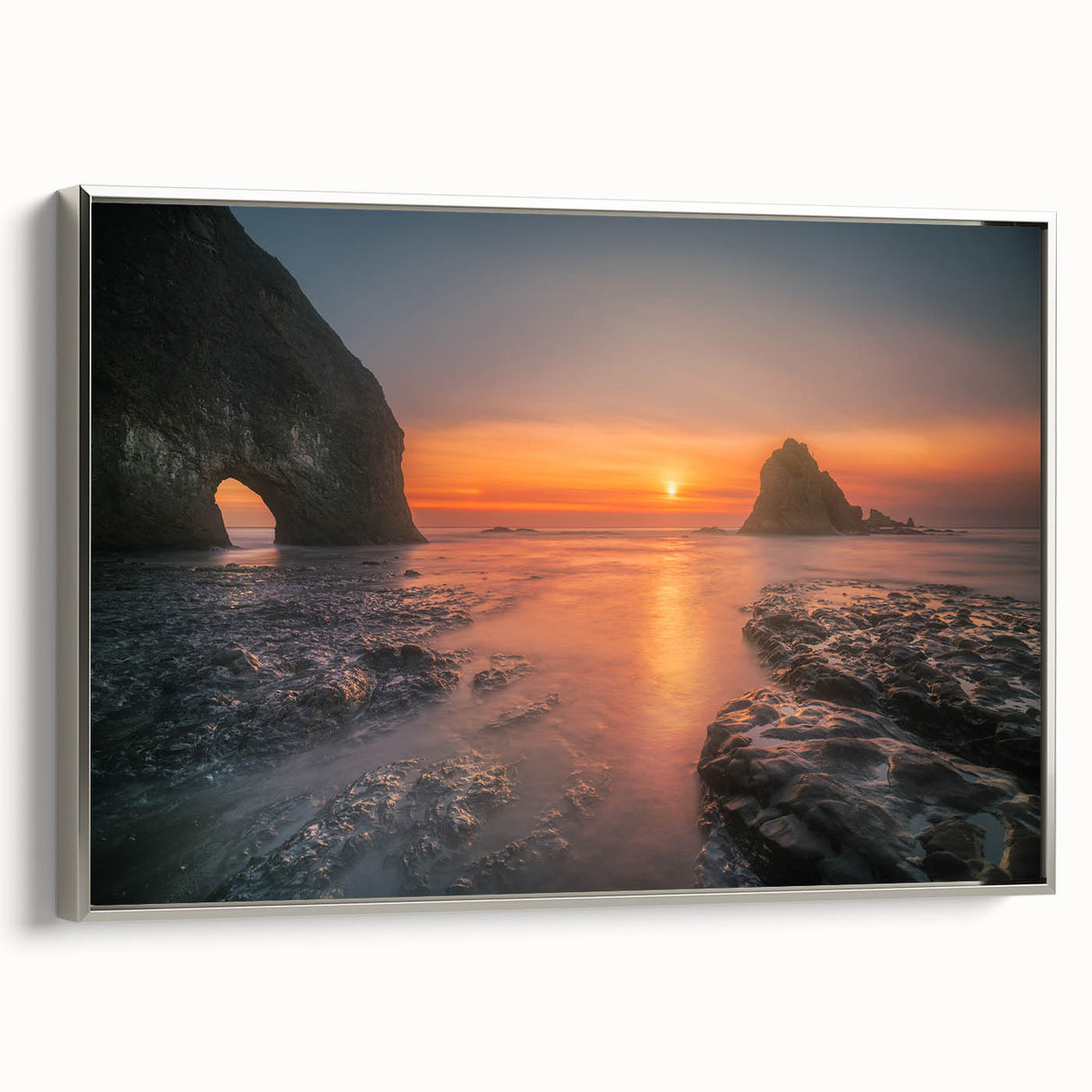 Framed canvas featuring a vintage-style landscape painting of Olympic National Park in black and gray tones.