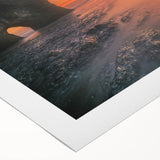 Art deco poster of Olympic National Park on rolled canvas, featuring muted green and blue tones.