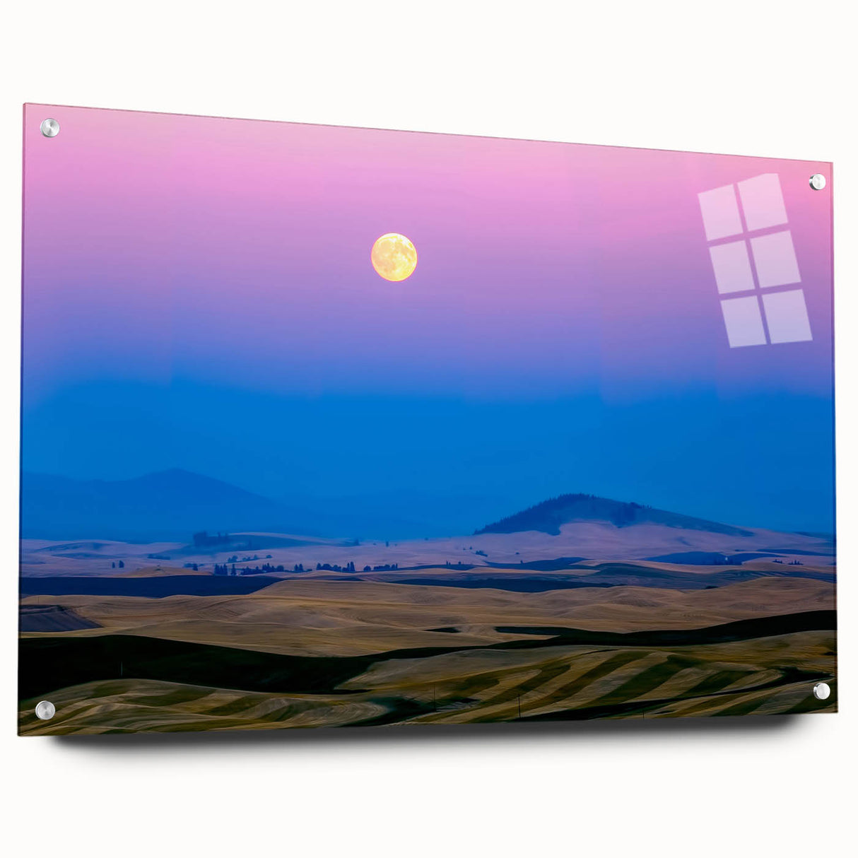 Acrylic print of the Palouse region in Washington, featuring rolling green hills under a blue sky.