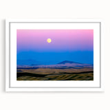 Abstract art print of Palouse, Washington in muted green and brown tones on a framed white canvas.