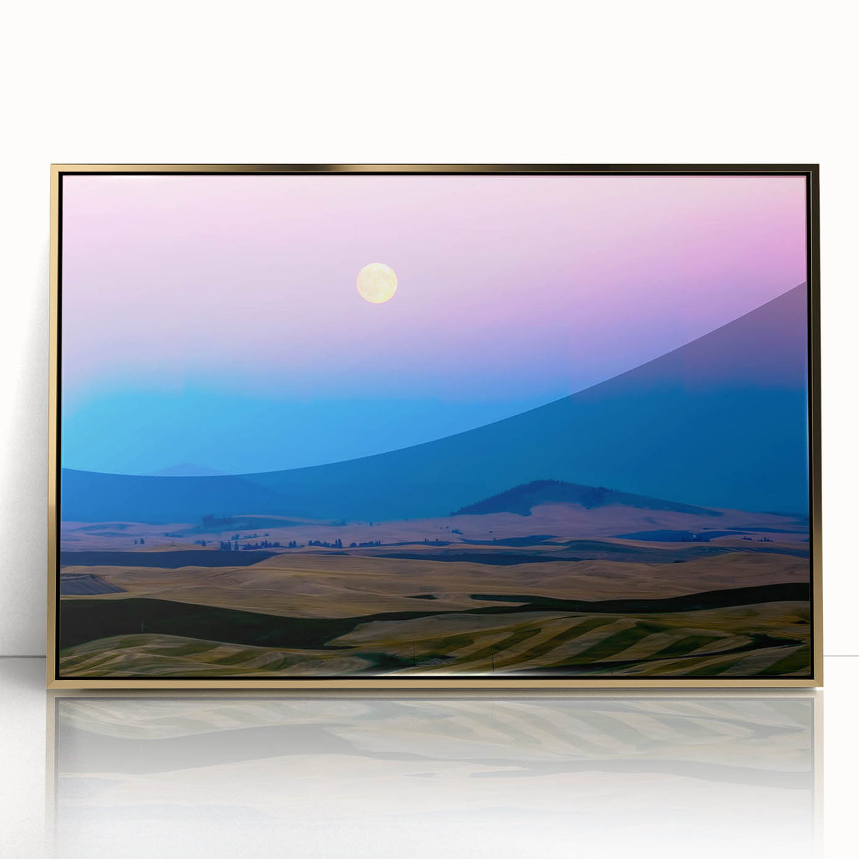 Mid-century modernist landscape of Palouse, Washington in earth tones on a framed acrylic, ideal for modern art wall decor.