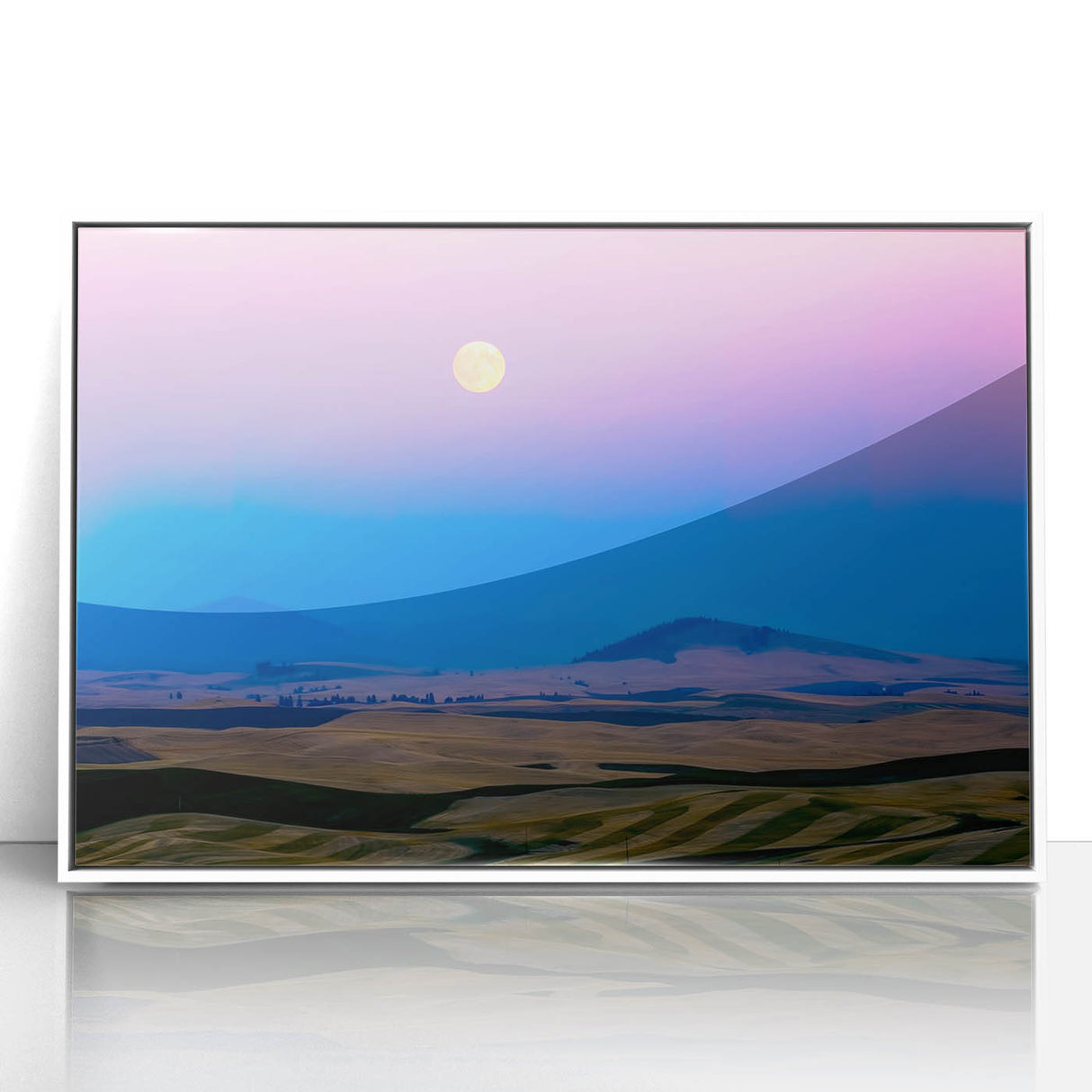 Acrylic print of Palouse, Washington scenery in pastel colors, framed in white, ideal for modern art wall decor.