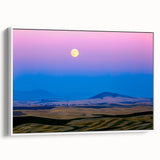 Framed canvas of vintage poster art depicting the Palouse region in Washington, USA, with colorful rolling fields.