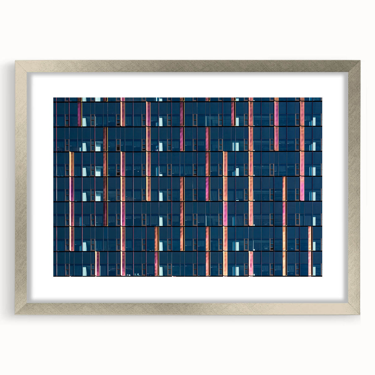 Textured abstract art print of Seattle skyline in muted gray and blue tones, framed in silver, ideal for bedroom wall decor.