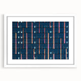 Abstract art print of Seattle skyline in muted gray and blue tones on a framed white canvas.