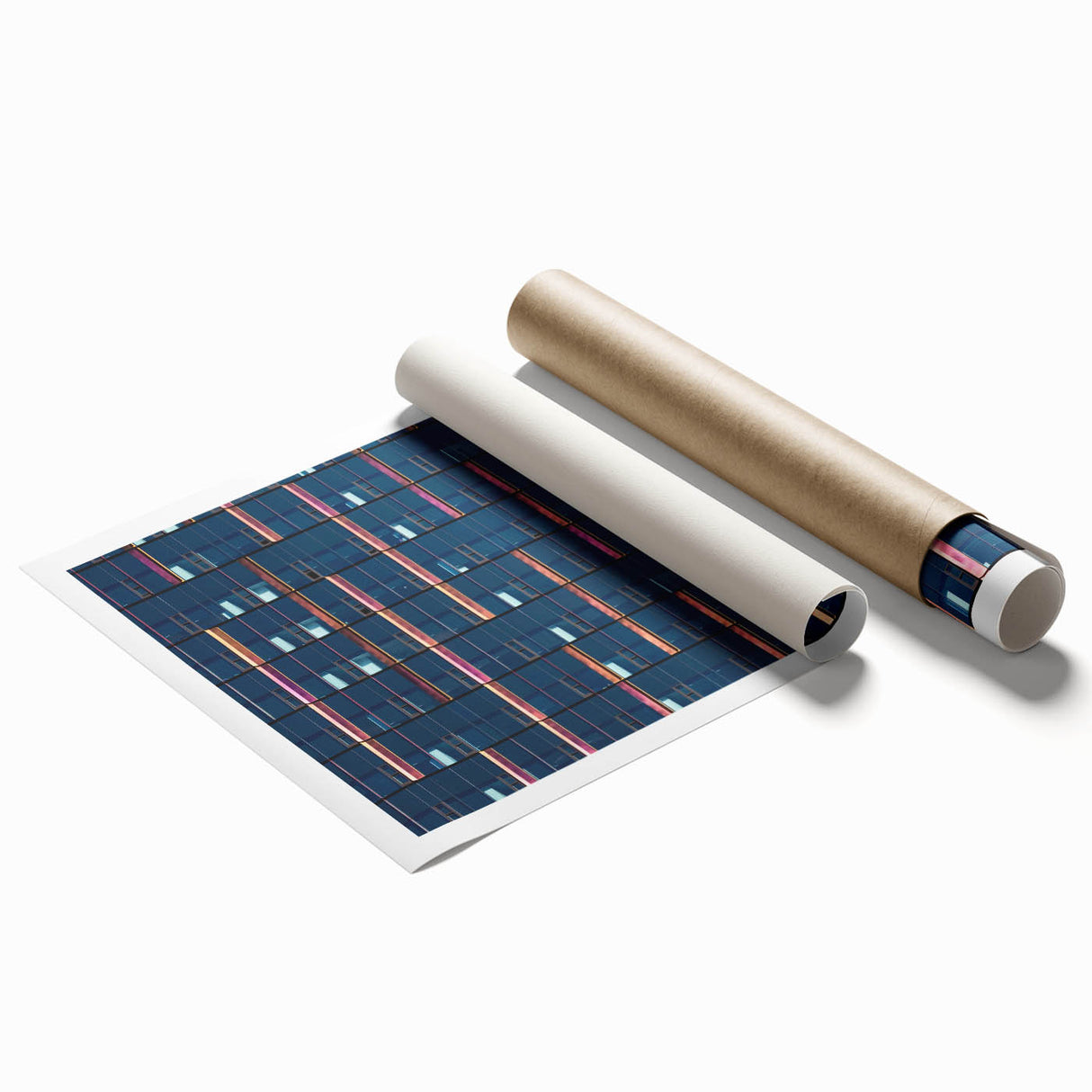 Rolled print of Seattle skyline with muted blue and gray tones, suitable for classy bathroom wall art.