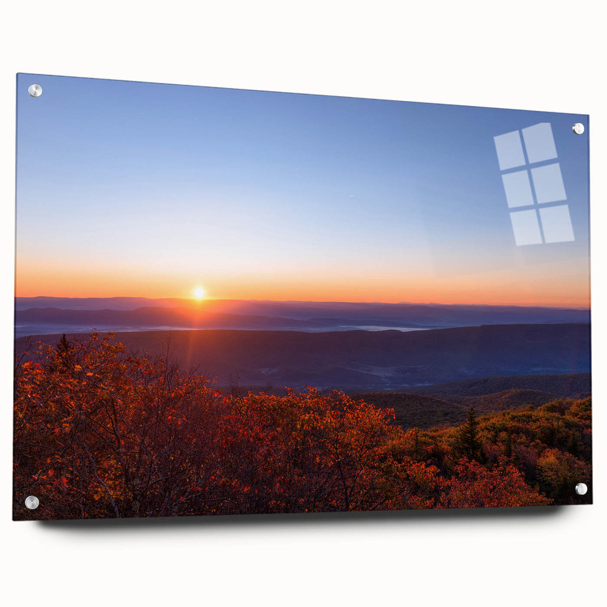 Acrylic print of a large abstract depiction of West Virginia scenery in muted earth tones.