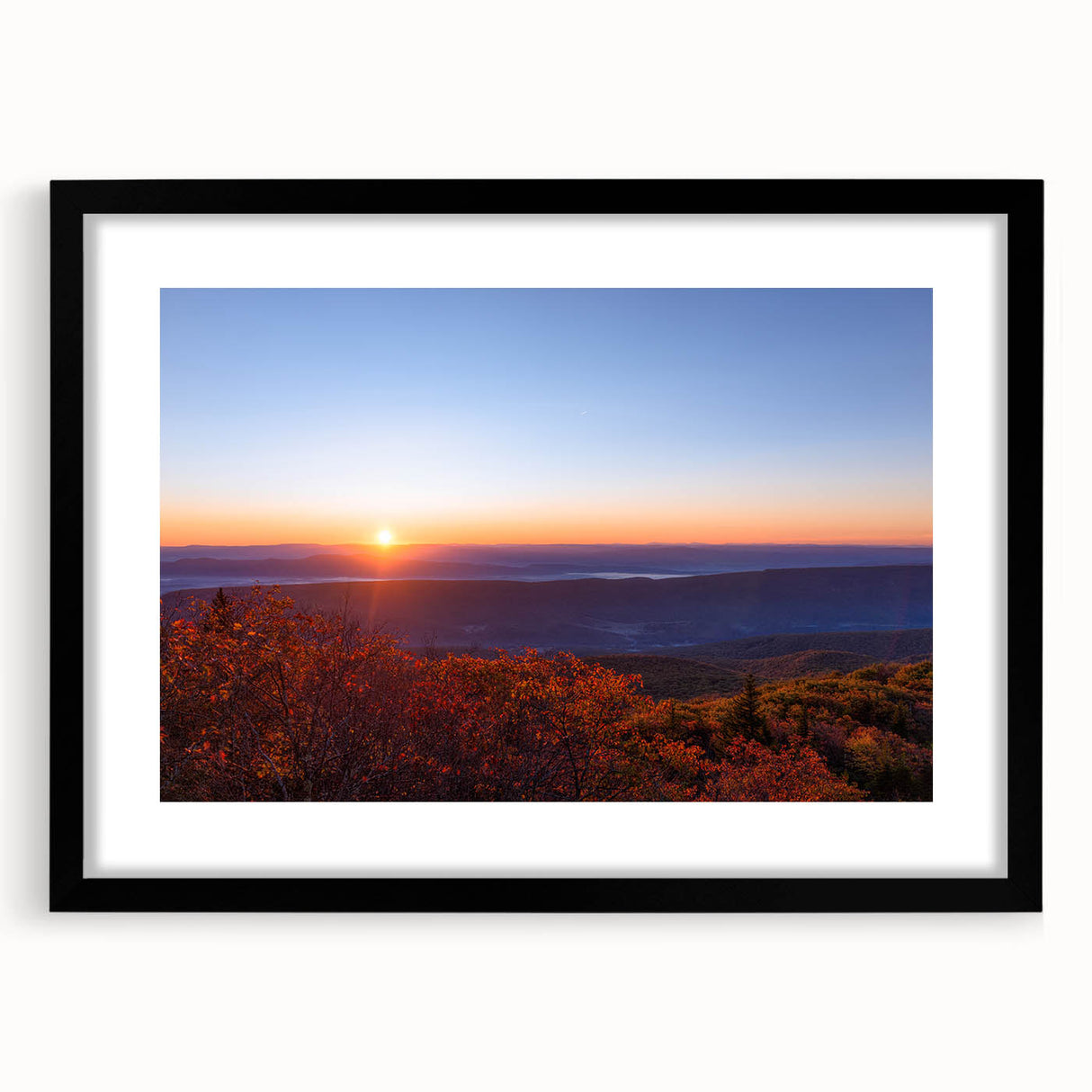 Extra large textured abstract art print of colorful West Virginia scenery on a black framed canvas.