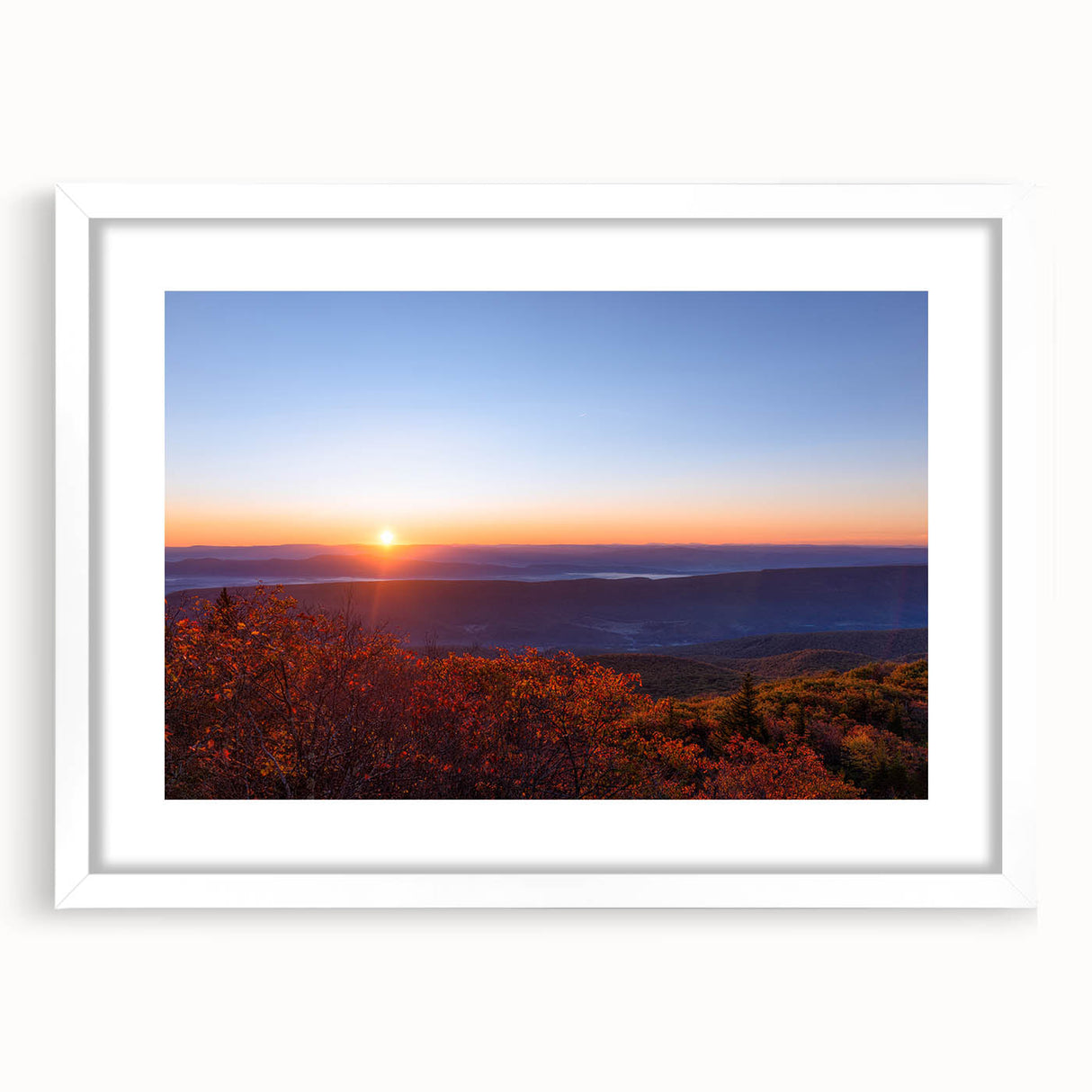 Abstract art print depicting the West Virginia landscape in muted earth tones on a framed white mat.