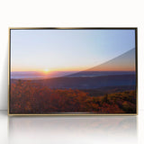 Large art print of a West Virginia landscape in muted earth tones, framed in gold acrylic, ideal for modern art wall decor.