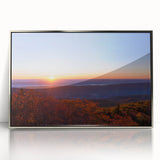 Mid-century modernist art depicting West Virginia scenery in muted earth tones on a framed acrylic print.