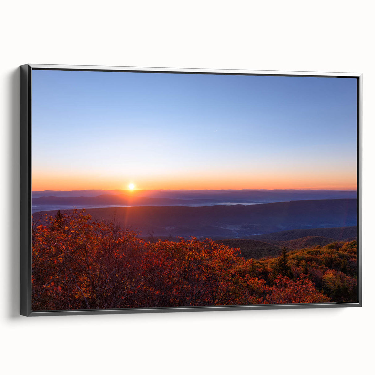 Black and white framed canvas of West Virginia landscape, ideal for bedroom wall art.