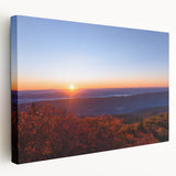 Stretched canvas featuring a serene West Virginia landscape in muted green and blue tones, suitable for kitchen wall art.