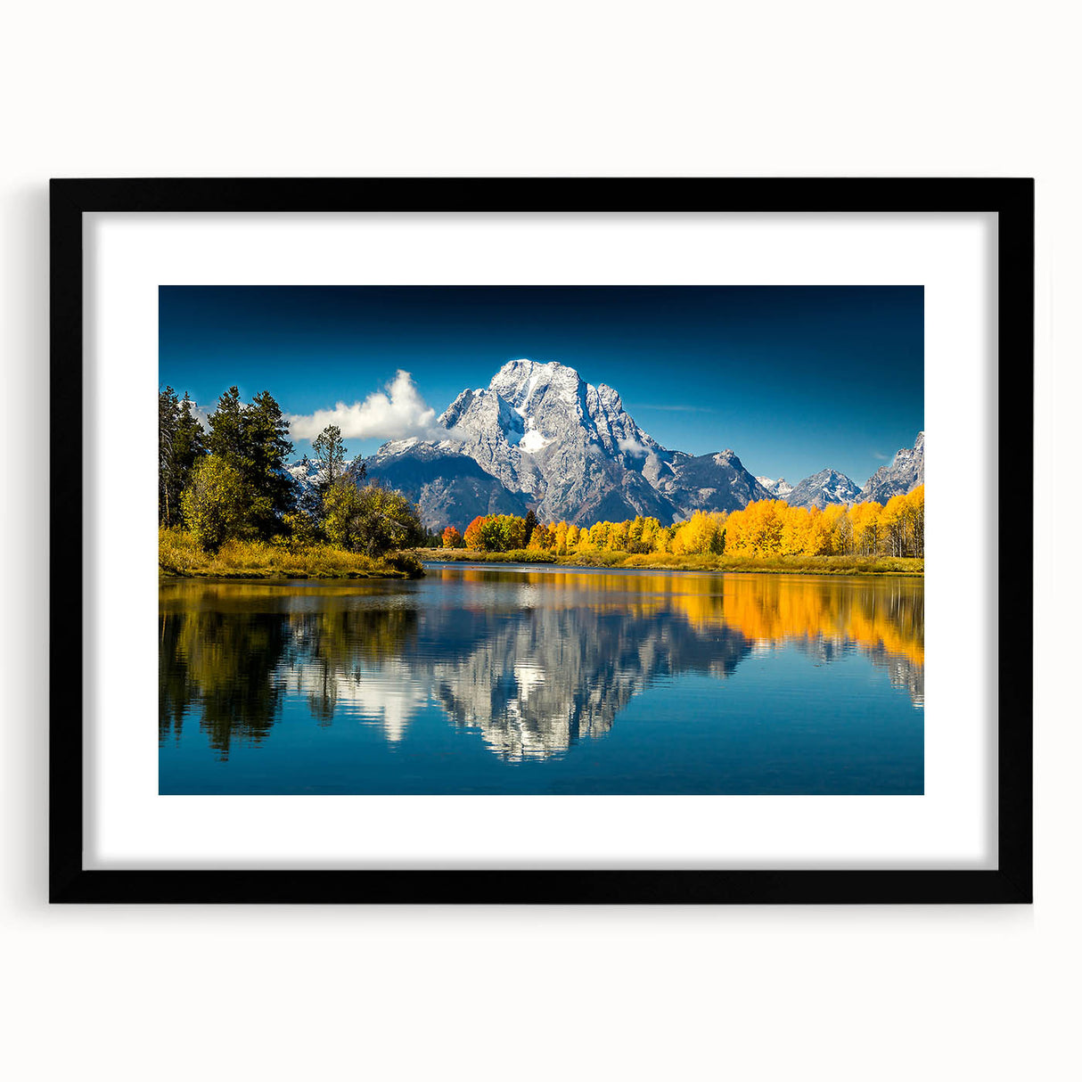 Extra large textured art print of abstract colorful art depicting the Wyoming Grand Tetons, in a black frame.