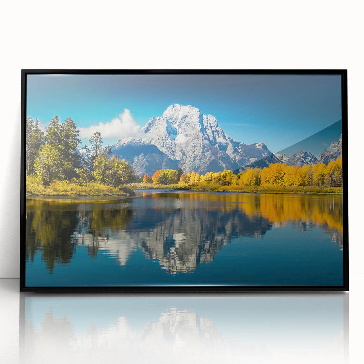 Large abstract wall art of Wyoming's Grand Tetons in muted earth tones, framed in black acrylic, suitable for modern decor.