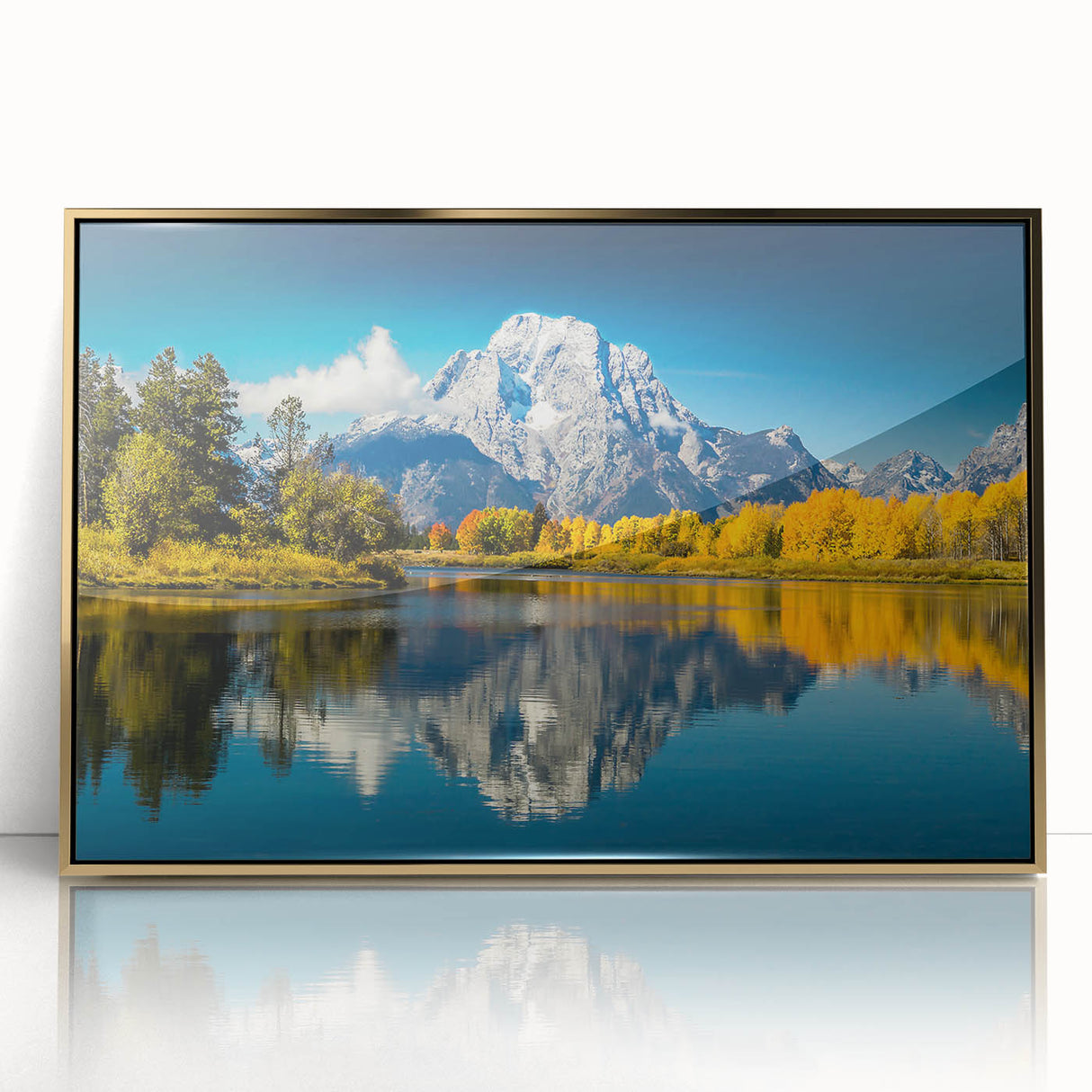Framed acrylic print of the Grand Tetons in muted earth tones, ideal for modern art wall decor.
