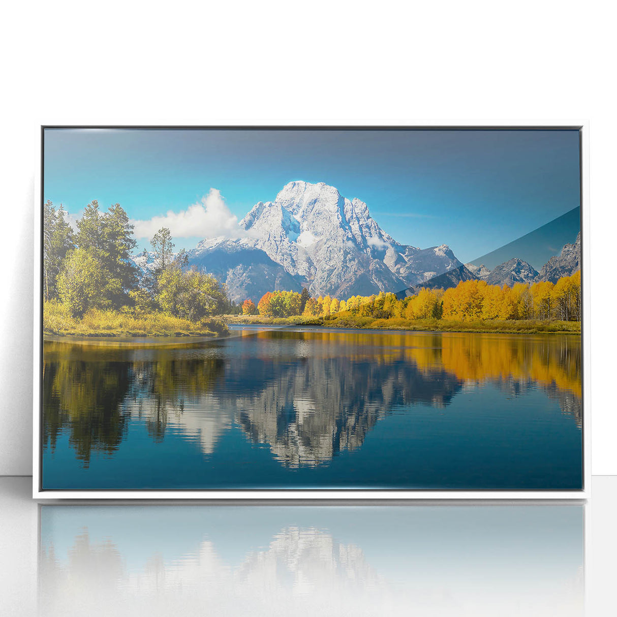 Acrylic print of the Grand Tetons in Wyoming with a white frame, featuring soft natural colors.