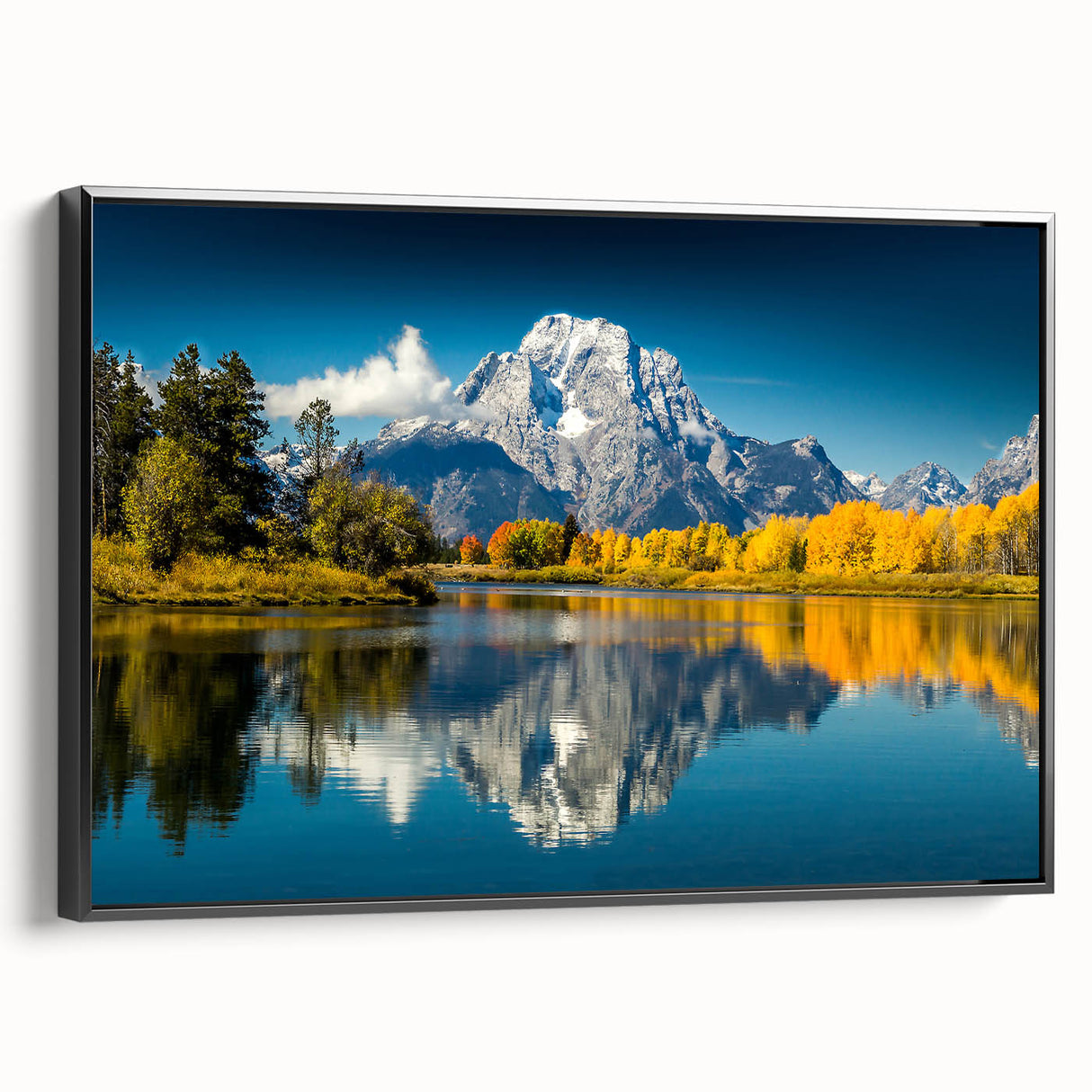 Black and white framed canvas of the Grand Tetons landscape, ideal for bedroom wall art.