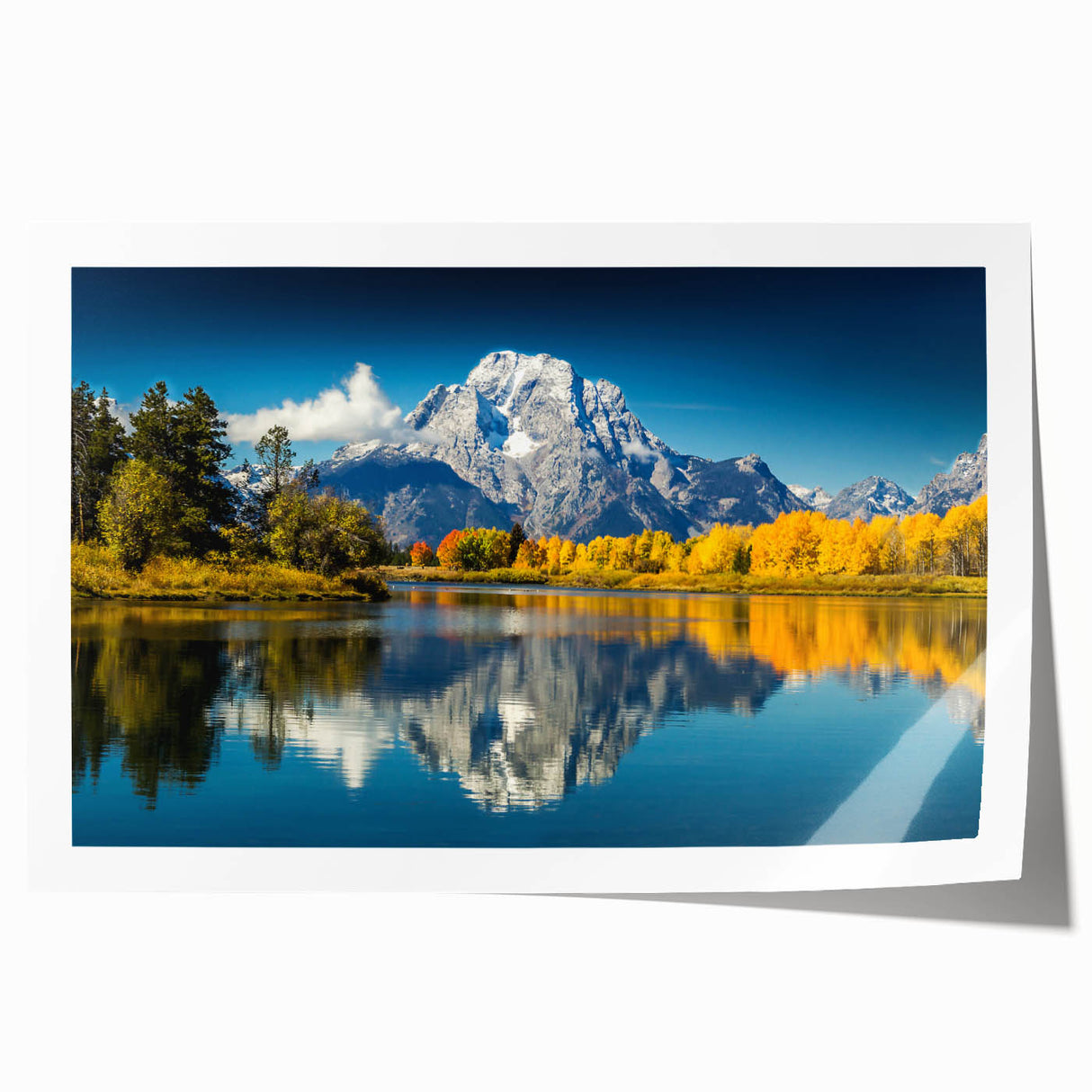 Grand Tetons landscape on rolled print, with vibrant green and blue tones, suitable as art wall dining room decor.