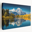 Grand Tetons landscape on stretched canvas, featuring muted earth tones, ideal for kitchen wall art.